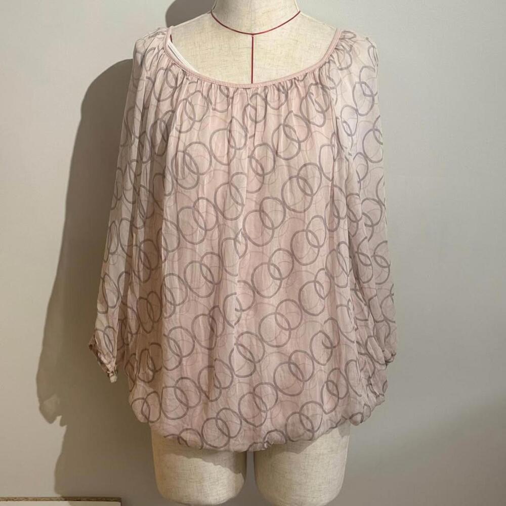 Giusy Size L 100% Silk Blousy Long Sleeved Sheer Lined Shirt Pink Circle Pattern
